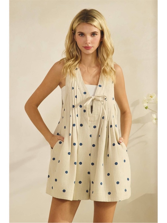 Veveret Pants - Veveret Blue Polka Dot Printed Pleated V Neck Sleeveless Denim Romper